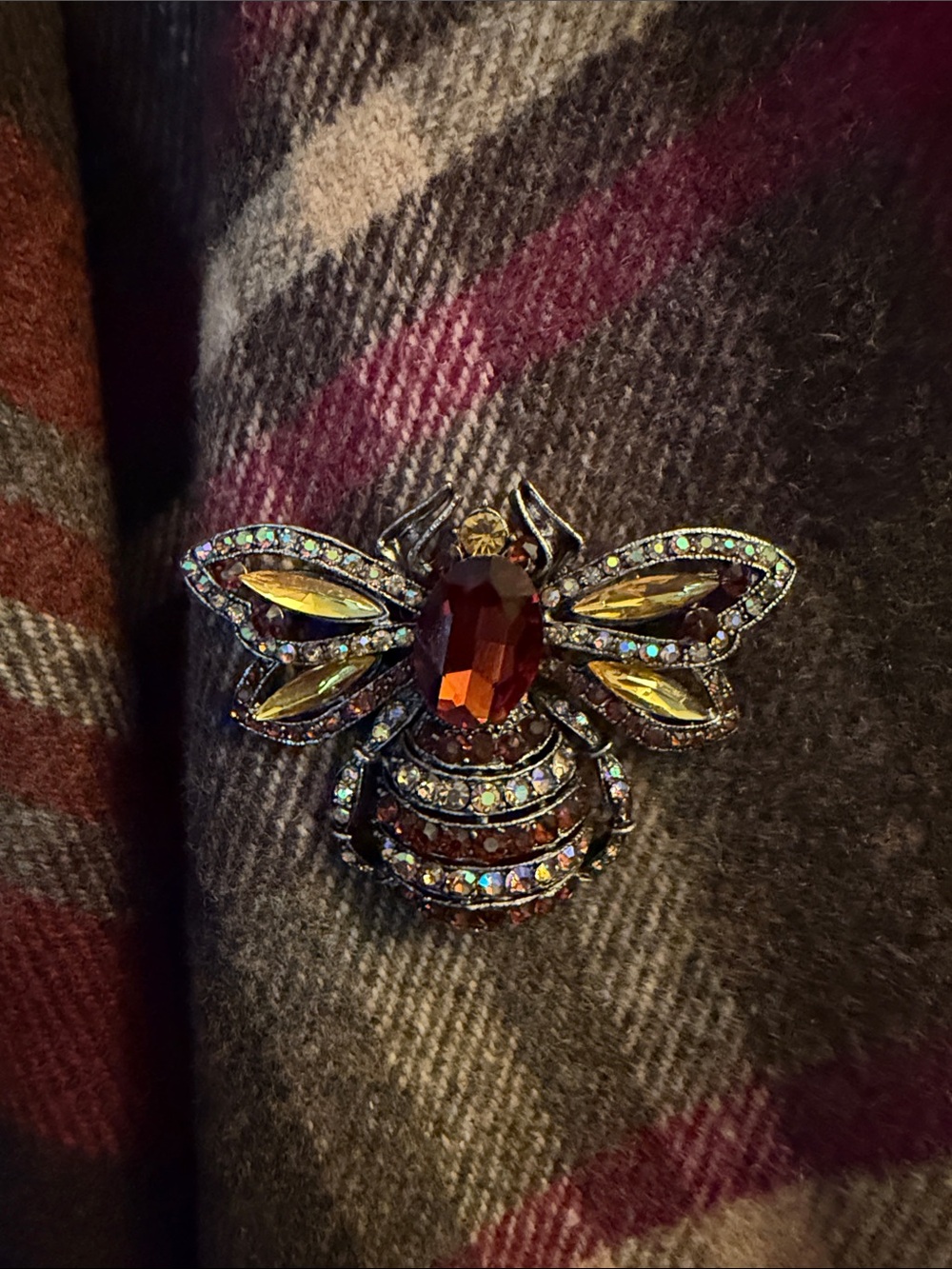 Crystal Bee Brooch with Amber and Aurora Borealis Stones